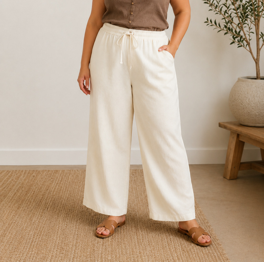 Tallissime La Redoute 16W Linen Rayon Wide Leg Pants Ivory Drawstring